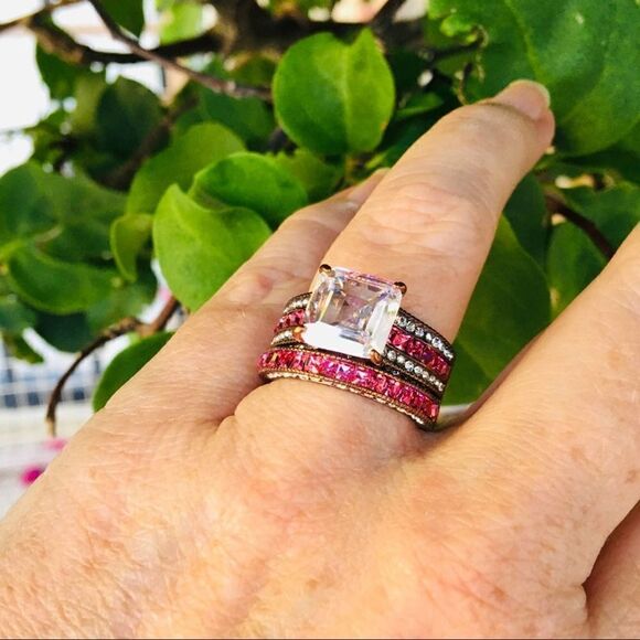 Pink & Clear CZ Stackable Ring Set – Coffee Stainless Steel, Size 8 - Picture 3 of 11